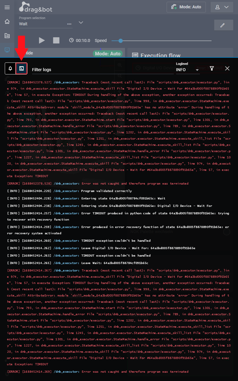Example of a timeout error in the drag&bot OS console view