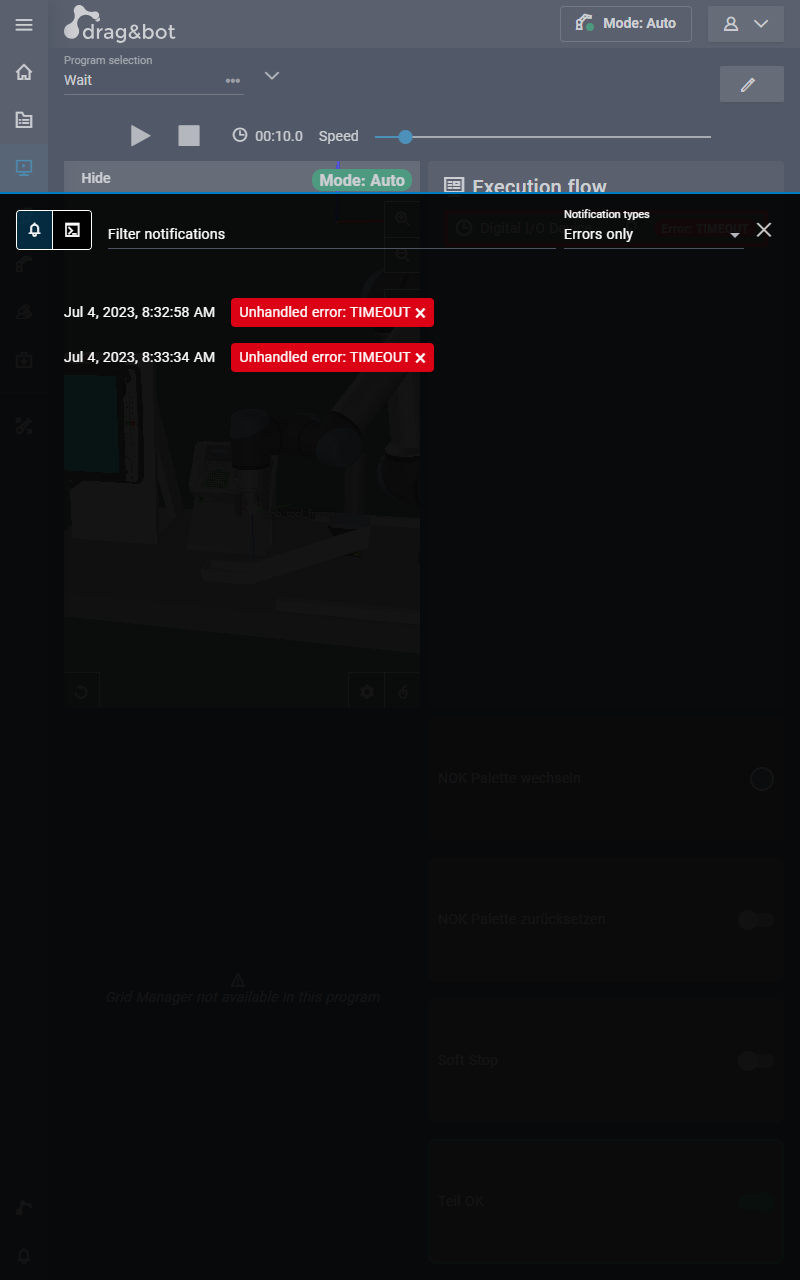 Example of a timeout error in the drag&bot OS console view