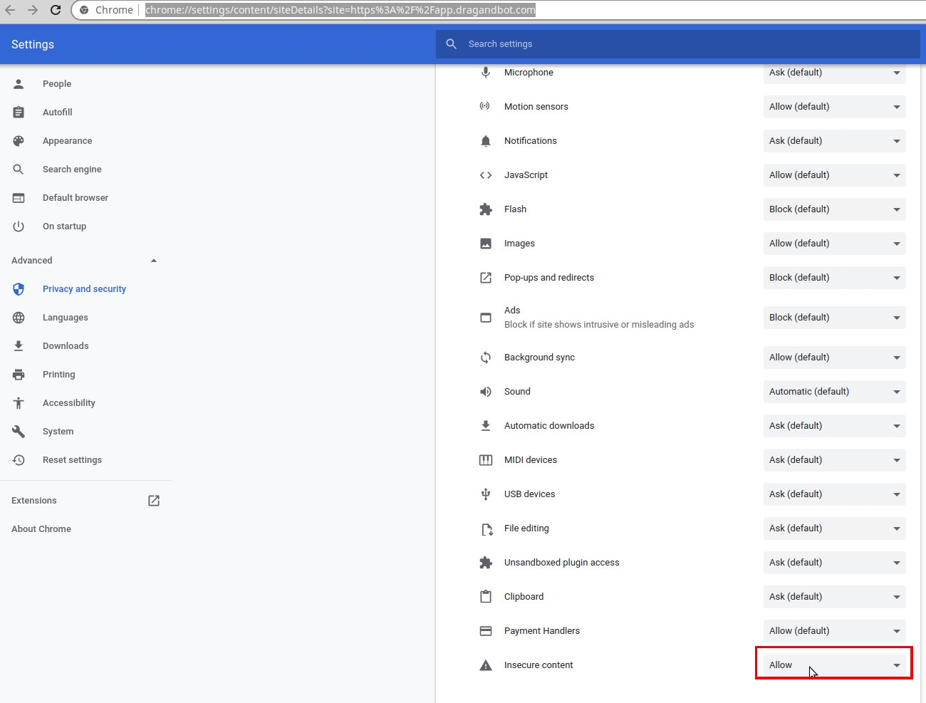 Insecure content setting