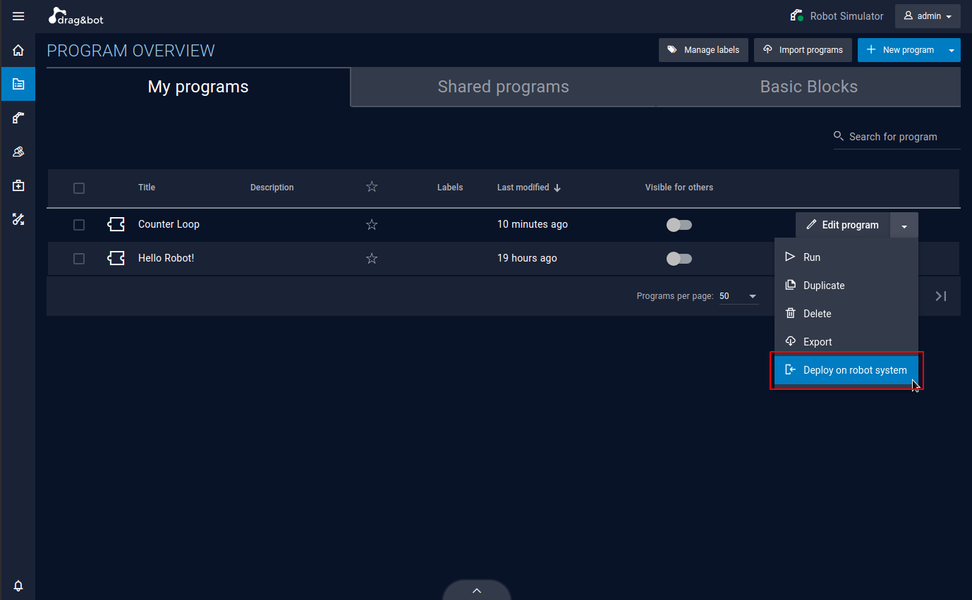 deploy on robotsystem